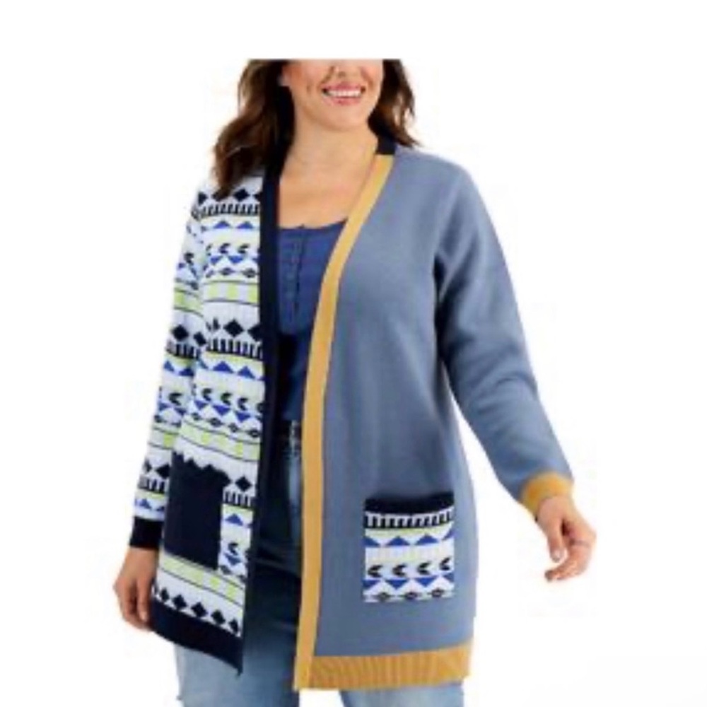 STYLE & CO. Women's Stretch Pocketed Cardigan Color Block Open Front Sweater‎ XL